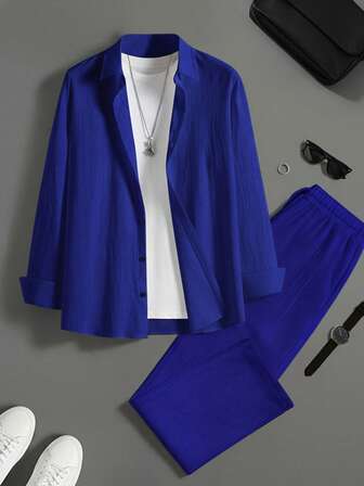 2 delar plusstorlek herr casual enfärgad skjortset - daglig pendling mångsidig slim fit plusstorlek herrkläder, maskintvättbar stretchigt tyg kofta knäppt kostym