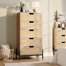 Cómoda alta de ratán con 5 cajones para dormitorio, organizador de almacenamiento para armario, sala de estar, pasillo y entrada, cómoda alta tipo torre. - color de madera natural - Ver 6
