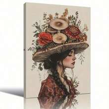 1 Pieza Elegante Marco de Lienzo de Mujer en Forma de Hongo - Arte Botánico Vintage con Adornos Florales y de Hojas, Ella/Él - Decoración de Pared Exquisita para Sala de Estar, Dormitorio, Lado del Sofá, Ambiente Otoñal, Marco de Madera de Pino, Decoración de Hongo para Dormitorio - Multicolor - Ver 1