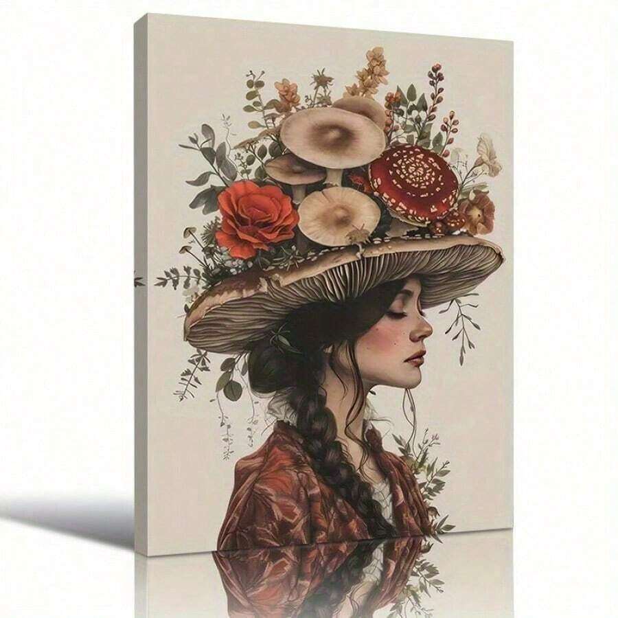 1 Pieza Elegante Marco de Lienzo de Mujer en Forma de Hongo - Arte Botánico Vintage con Adornos Florales y de Hojas, Ella/Él - Decoración de Pared Exquisita para Sala de Estar, Dormitorio, Lado del Sofá, Ambiente Otoñal, Marco de Madera de Pino, Decoración de Hongo para Dormitorio - Multicolor - Ver 1