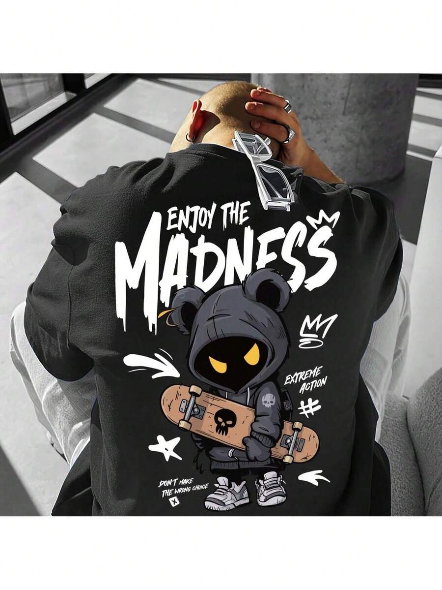 Men's "Enjoy The Madness" Streetwear T-Shirt - Oversized Style With Bear And Skateboard Print, Crew Neck For Urban Fashion And Skate Culture (Machine Washable) - màu đen - Xem 1