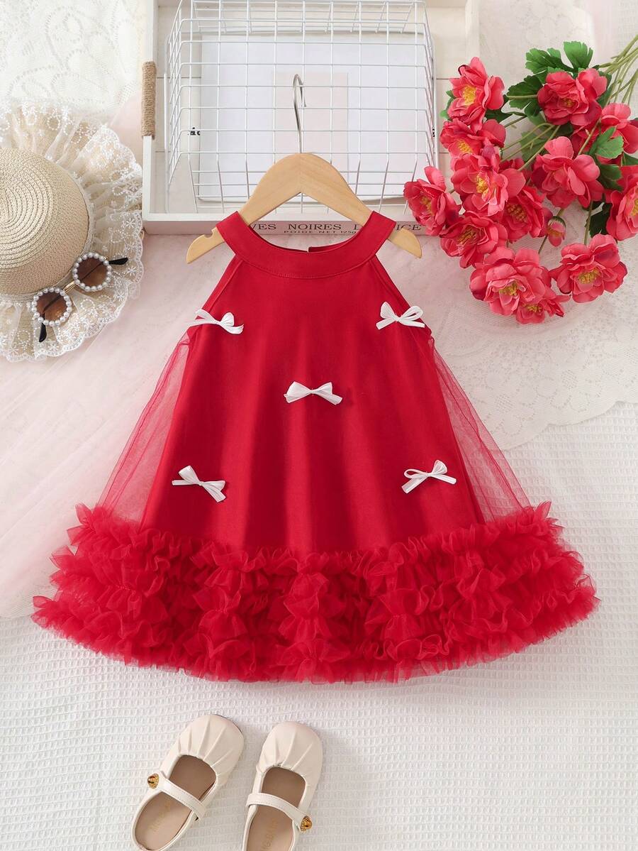 Vestido casual de niña con cuello redondo, sin mangas, de unicolor, con volantes de malla en el bajo - Burdeos - Ver 1