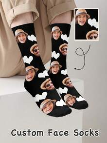 1 Pair Personalized Face & Text Mid-Calf Socks, Custom Photo & Name Gift, Fun Socks For Valentine's Day, Birthday, Christmas, Couples & Anniversary - Black - View 1