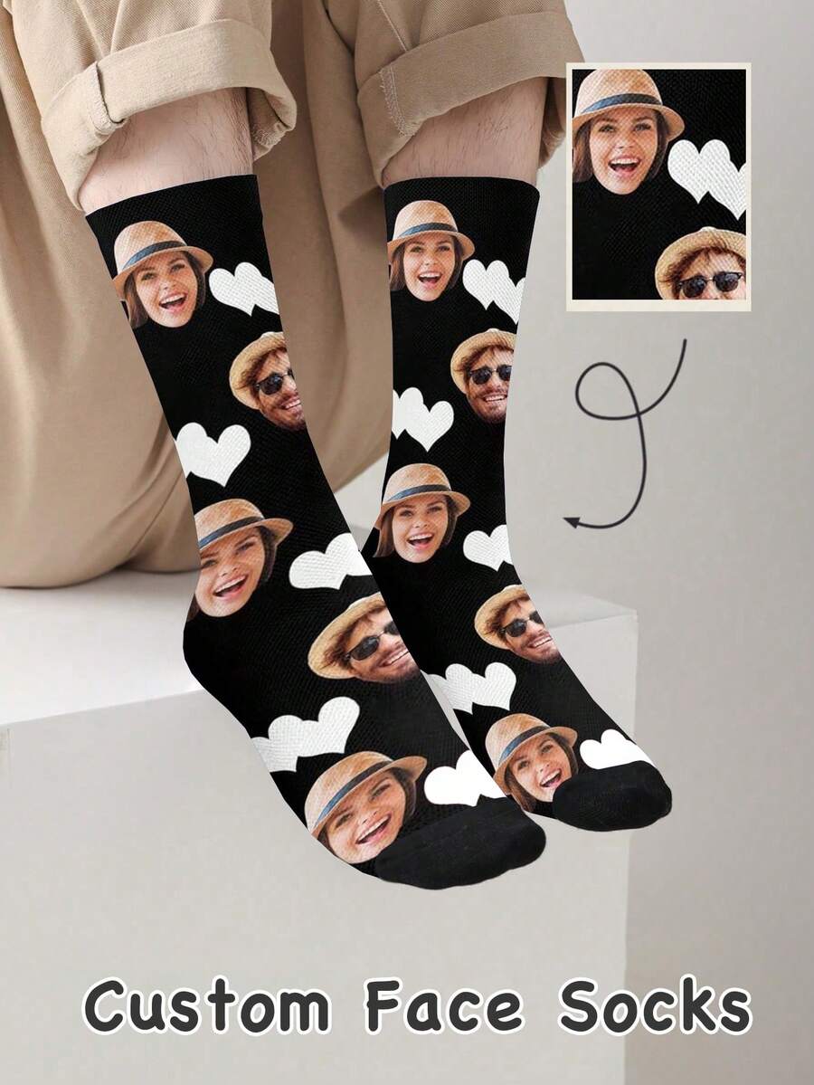 1 Pair Personalized Face & Text Mid-Calf Socks, Custom Photo & Name Gift, Fun Socks For Valentine's Day, Birthday, Christmas, Couples & Anniversary - Black - View 1