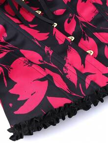 Gold Front Button Classic Ruffle Overbust Corset Bustier, Waist Cincher Top, Casual Slim Fit Bodysuit - Hot Pink - View 5