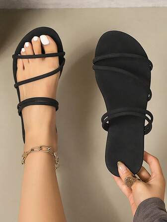 Women's Popular Semi-Circle Striped Fashion Simple Slip-On Outdoor Solid Color Fresh Flat Sandals