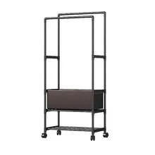 LIVINGANDHOME Living And Home  Double Rod Metal Clothes Rack On Wheels Black Iron 2 Hanging Rods Bottom Shelf + Laundry Basket ※Title 2※ - Black - View 7