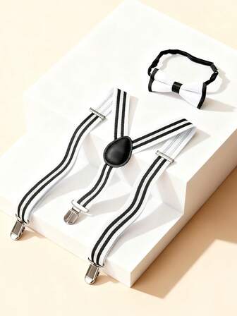 Luobobeibei 2pcs/Set Fashion Kid's Suspenders And Bow Tie And Necktie Set, Black And White Striped Design, Comfortable & High-Elasticity, Perfect For Festival Performance, Birthday And Daily Wear