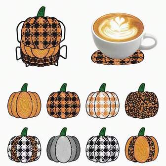 8pcs Pumpkin Diamond Painting Coaster Set With Stand, Suitable For Beginners, Round Diamond Art Craft, Food Theme Wooden Coasters [With Stand], 1 Set Of 8pcs, 70 Sets Of 560pcs