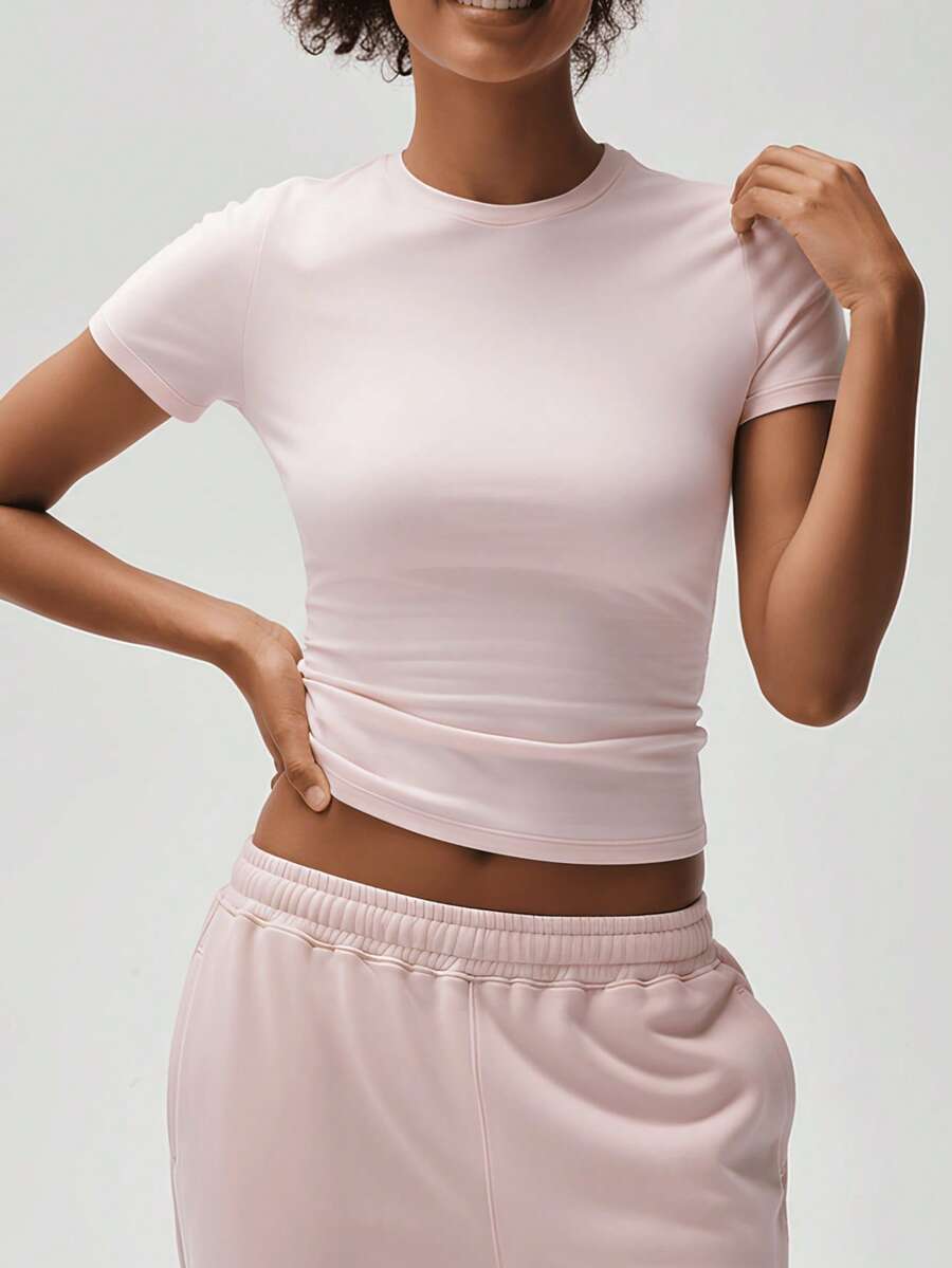 RRIVE Basic Soft Ribbed Baby Tee Slim Fit T-Shirt Solid Crew Neck Short Sleeve Tops For Women, Stretchy Basic Tee For Yoga Workout Gym Athleisure Casual Daily Wear Summer Spring Outfits Vacation Outfits Women - Hồng - Xem 1