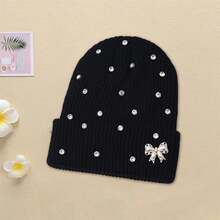 Women Knitted Hat, Bow Pearls Shiny Rhinestones Soft Crochet Hat Warm Winter Cap For Indoor Outdoor - 黑色 - 查看 1