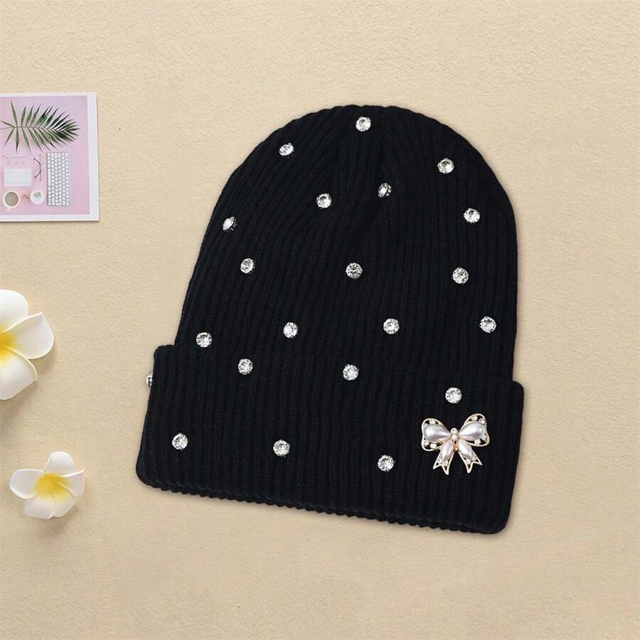 Women Knitted Hat, Bow Pearls Shiny Rhinestones Soft Crochet Hat Warm Winter Cap For Indoor Outdoor - 黑色 - 查看 1