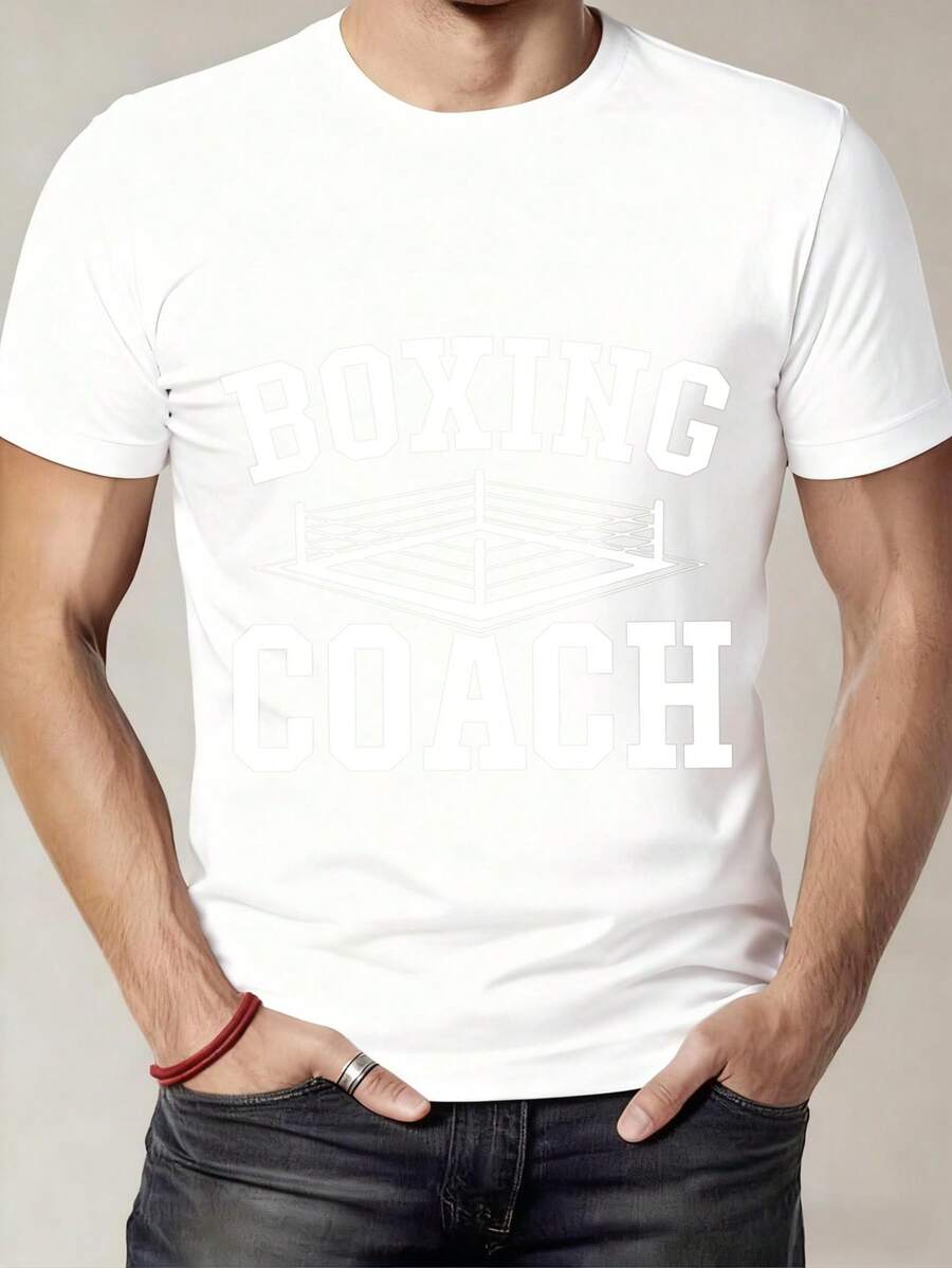 Black Short Sleeve T-Shirt With Boxing Ring Print And Boxing Text For Boxing Coaches - White - View 1