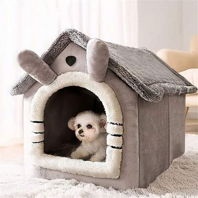 1pc Pet Villa, Pet House, Plush Cat/Dog Bed, Warm Heating Pad For Indoor/Outdoor Use, Semi-Enclosed Cat Bed, Pet Safety, Autumn Cat Tent, Warm Dog Bed, Cat Bed, Dog House, All Season Pet Bed, Cat Villa, Small Dog, Pomeranian Dog Bed - Christmas Gift, Rabbit Bed, Gray Long-Eared Rabbit Bed, Removable & Washable, Dog House, Cat House