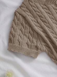 Women's Cute Retro Solid Color Round Neck Short Sleeve Ruffle Hem Fitted Textured Knit Dress, Minimalist Style, Suitable For Casual Daily Wear In Summer And Autumn - Khaki - View 5