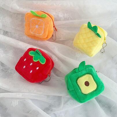 New Fruit Square Bag Coin Purse, Creative Furry Coin Lipstick Bag, Multi-Function Data Cable Portable Storage Bag, Mini Key Chain Pendant, Cute Little Gift For Girls