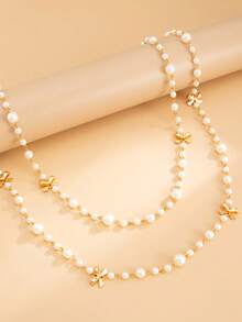 2 Pieces Of Retro Bow Beaded Sweater Chain, A Long Necklace With A Feminine Charm Imitating Pearls Stacked On Top - Multicolor - View 3