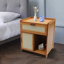 2-Tier Bamboo Nightstand With Slide Door, End Table For Bedroom Living Room, Accent Table For Guest Room, Bedside Table Storage Cabinet Nightstand, Bamboo Night Stand With Drawer, Bohemian Bedside Table For Home And Office - 棕色 - 查看 4