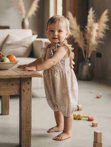 Newborn Baby Girl Summer Clothes Daisy Flying Sleeve Jumpsuit Romper Ruffle Onesie Infant Outfit 3 6 12 18 Months,Baby Girl Striped Clothes - 咖啡色 - 查看 5