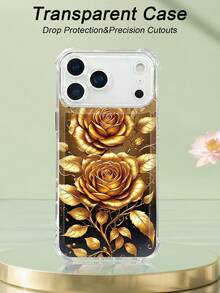 1 pieza Funda de teléfono con diseño de rosas doradas sobre fondo oscuro, estilo lujoso y clásico, funda transparente resistente a golpes, ligera y con corte preciso, compatible con iPhone 17/16/15/14/13/12/11/XS/XR/X/PLUS/PRO/PROMAX, compatible con Galaxy A34/A35/A54/A55, Galaxy S20/S21/S22/S23/S24 Ultra/Plus, compatible con Moto/Galaxy/Redmi/Honor/OPPO, regalo de fiesta - transparente - Ver 4