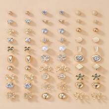Girls Party Earring Set 30 Pairs Faux Pearl With Crystal Flower Leaf Design For Teens Gift - Gold - View 11