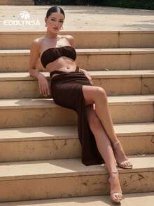 Women's Sexy Ruched Bandeau Swimsuit Bubble Strapless 3 PiecesBikini Sets White High-Cut Maxi Skirt Swimsuit Luxury Resort Wear Beach Outfit