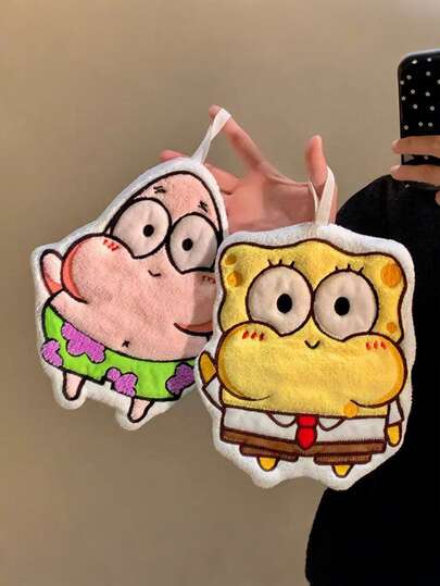 SpongeBob SquarePants 海绵宝宝卡通加厚可爱手巾，挂式家用吸水不掉毛抹布，包含派大星、小蜗、海绵宝宝等卡通图案，是生日、节日、圣诞派对的理想礼物。