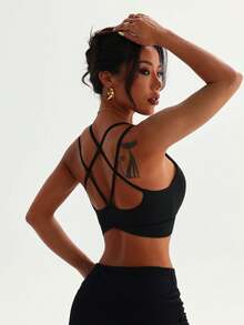 Women's Solid Color Round Neck Criss-Cross Removable Padded Fashionable Knit Sports Bra - Black - View 2