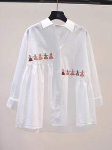 Women's Casual Solid Color Embroidered Long Sleeve Shirt, Spring White - White - View 3