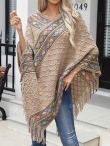 1件女士针织披肩斗篷，优雅秋冬新款柔软舒适保暖披肩斗篷，高品质套头外套，休闲百搭斗篷毛衣，适合日常穿着和外出，圣诞装饰 - 卡其色 - 查看 5