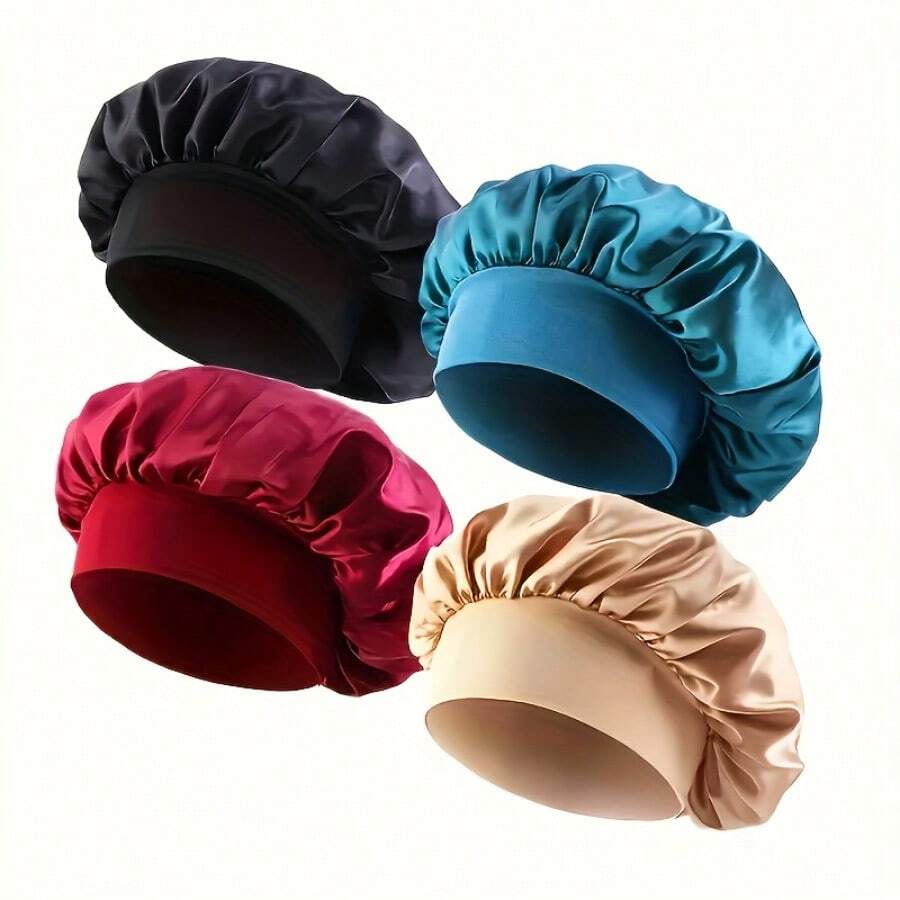 4-Pack Women's Fashion Oversized Satin Cap With Loose Strap - Soft And Smooth Sleep Cap, Suitable For Curly And Straight Hair, Ideal For Daily Use And Sports - Đen + Xanh mòng két + Đỏ tía + Khaki - Xem 1