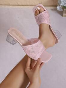1 Pair Lace Flower Decor Square Toe High Heel Transparent Chunky Heel Sandals, Sweet Girl Style, Summer Pink Lace Teenage High Heel Sandals - Baby Pink - View 1