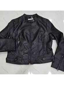 Women's Elegant Fitted Leather Jacket, Casual, PU Leather, Zipper, Night/Daily, Winter - 黑色 - 查看 3