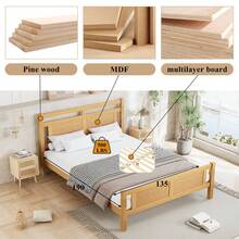 Wooden Double Bed With Rattan Paper Accent | 4ft6 (135x190cm) MDF Frame With Sturdy Slats In Wood Colour - Natural + Solid Wood+MDF + 135cm*190cm - View 6