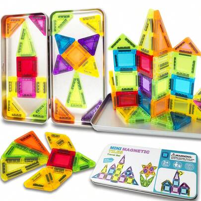 Mini Magnetic Tiles, 24/36PCS Magnetic Building Blocks With Iron Box, Magnet Toys Travel Size On-The-Go Construction Set STEM Travel Toys For Boys And Girls Ages 3+