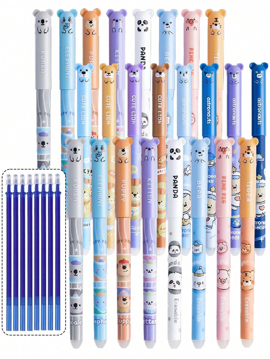 66pcs Cute Animal Park Erasable Gel Pens, With Blue Ink Refills, Various High-Quality Designs, Built-In Eraser, Smooth 0.5mm Ballpoint, Student & Holiday Gift - Sets - View 1