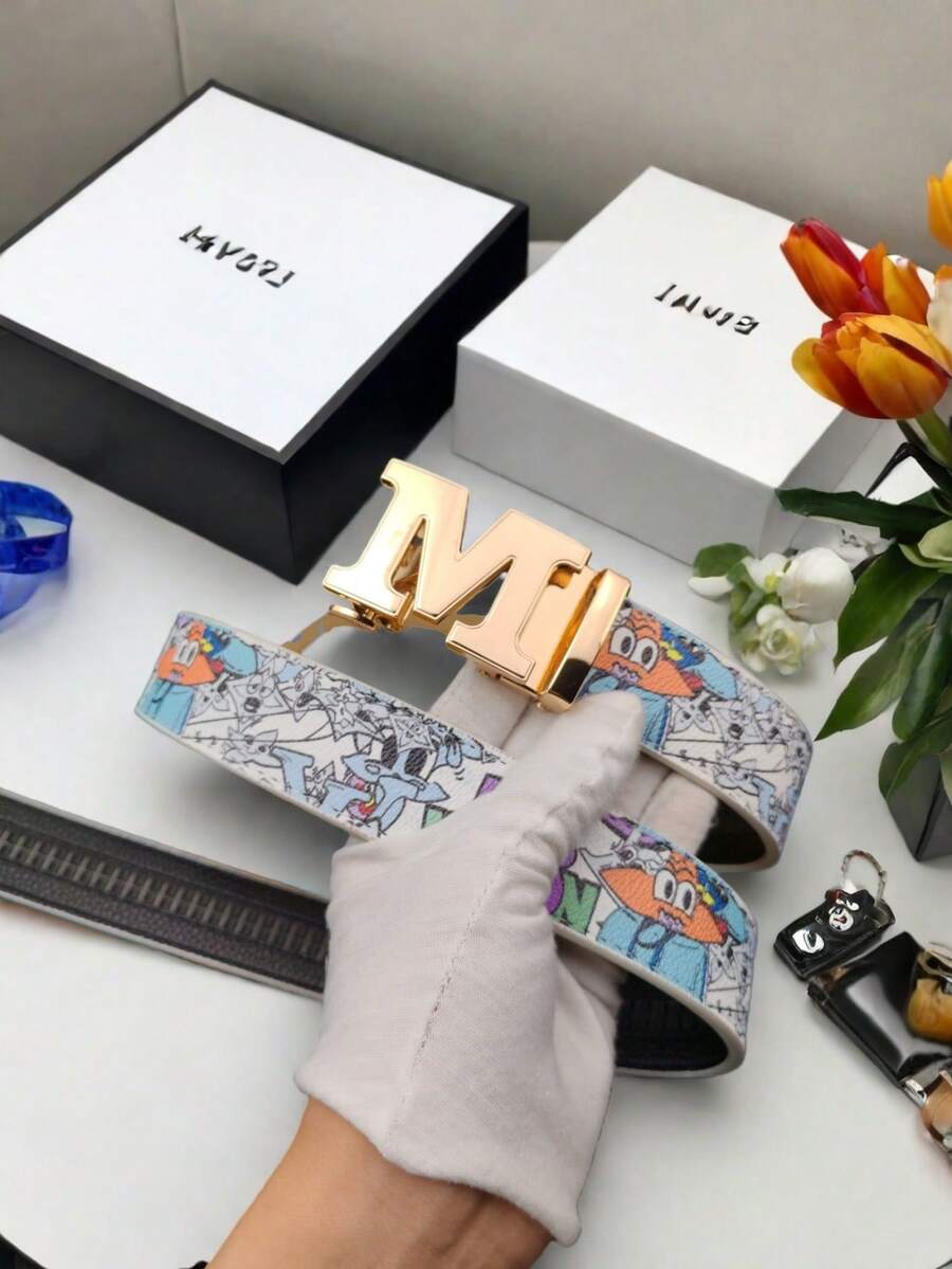 1 pieza Cinturón de hebilla automática con letra de moda para hombres, patrón de fiesta de animales aleatorios y arte callejero en piel de PU, adecuado para uso casual, fiesta, regalo para novio