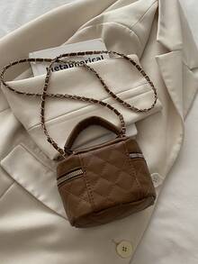 Tas Rantai Mini Ringan, Tas Tangan Berbahan Quilted, Tas Ember, Cocok untuk Gadis Muda, Mahasiswi, dan Pekerja Kantoran - Kopi - View 6