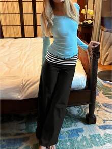 Women's Y2K Striped Wide-Leg Pants - Fold-Over Waist Casual Lounge Trousers - Retro Sweet Streetwear Pants - 紅棕色 - 查看 1