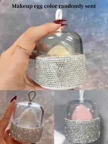 1pc Makeup Sponge Storage Box, High-End Glitter Rhinestone Powder Puff Makeup Sponge Holder, Dust-Proof Travel Portable Makeup Sponge Case, Suitable For Liquid Cream & Powder, Creative Makeup Gift, Random Color - Silver - View 11