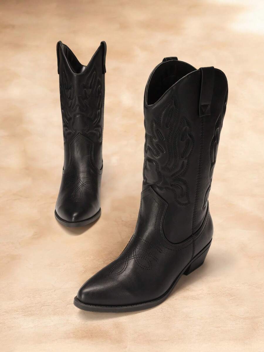 Women's Cowboy Boots Embroidery Stitching Pull-On  Almond Pointed Toe Chunky Heel Fashion Matching Dress Mid-Calf Black Boots - ĐEN/PU - Xem 1