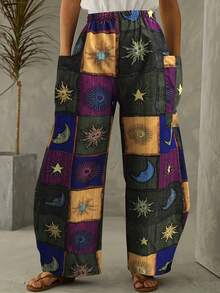 Sun & Moon Print Wide Leg Pants, Casual Elastic Waist Pants With Pocket, Women's Clothing - 彩色 - 查看 1