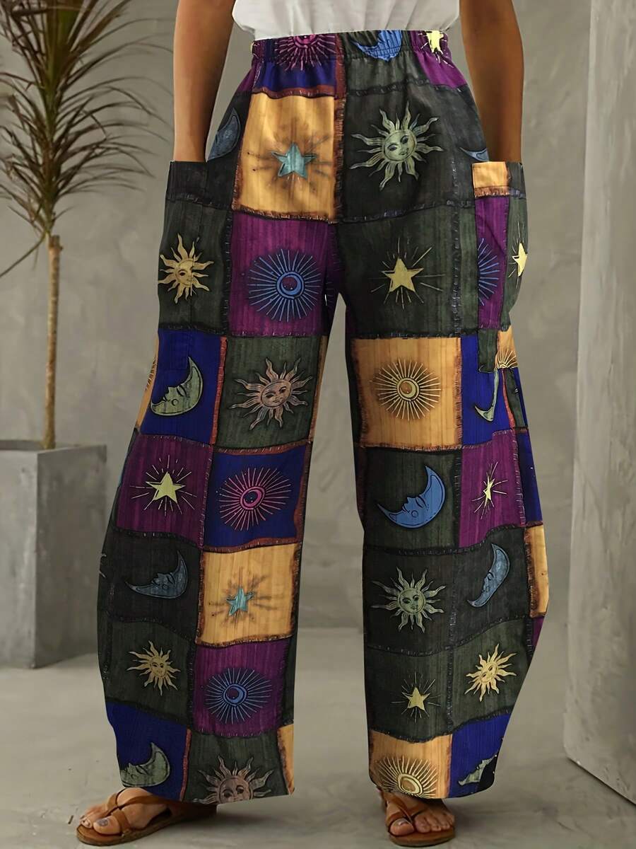 Sun & Moon Print Wide Leg Pants, Casual Elastic Waist Pants With Pocket, Women's Clothing - 彩色 - 查看 1
