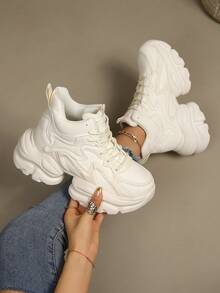 Women's Breathable Fashion 8cm Hidden Heel Casual Lightweight Walking Sneakers - Beige - View 3