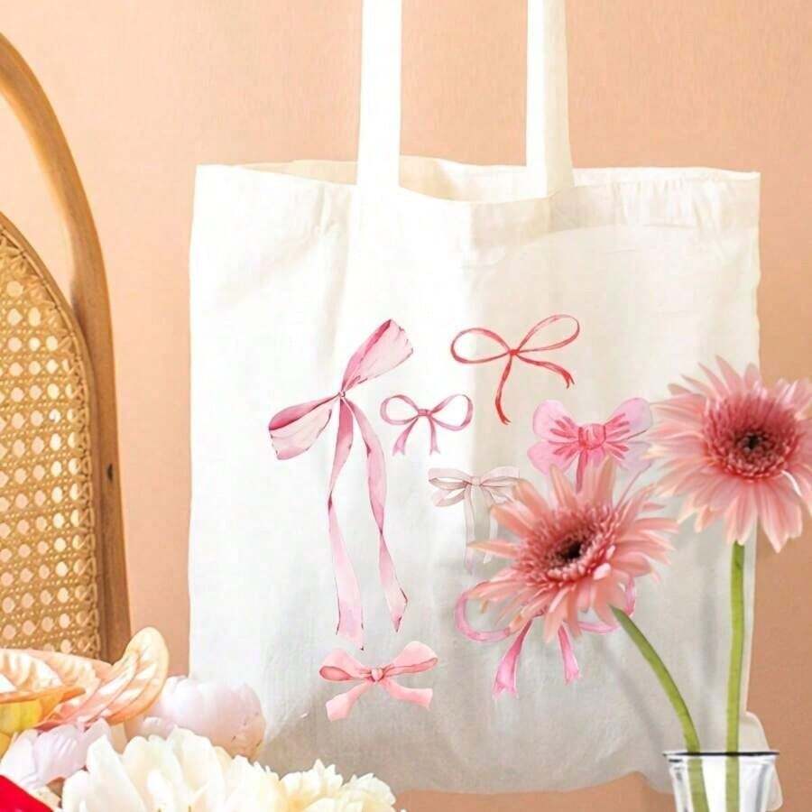 1pc Pink Bow Coquette Pattern Tote Bag Shoulder Bag For Travel Daily Commute Women's Reusable Shopping Bag, Best Gift For Her,  Folding Shoulder Bag Summer Beach Holiday Bag Best Gift For Bow Lover - 樣式 1 - 查看 1