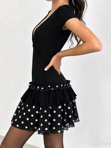 Women Dot Print Summer Dress Slim Deep V Neck Short Sleeve A-Line Mini Layered Ruffle Dresses - Black - View 3