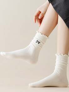 5 pares de calcetines casuales y versátiles para mujer con lazo y ribete de volantes - Multicolor - Ver 5