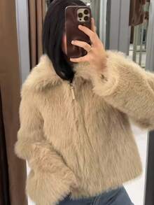 女士仿皮草外套 秋冬时尚翻领长袖保暖拉链外套 女士保暖开衫外套 - 卡其色 - 查看 2