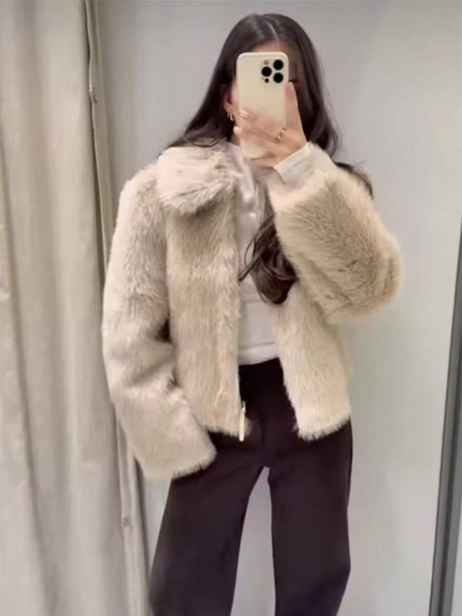女士仿皮草外套 秋冬时尚翻领长袖保暖拉链外套 女士保暖开衫外套 - 卡其色 - 查看 1