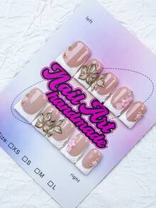 10 pièces/set Pointes d'ongles en forme de bec de canard faites à la main, style Y2K Baddie, couleurs nude et blanc avec bord français, fleurs sculptées, nœud, strass, petits éléments floraux, convient pour les fêtes, les mariages, le port quotidien, livré avec un kit d'outils, excellent cadeau pour les femmes et les filles, fournitures pour ongles - Blanc - Voir 3